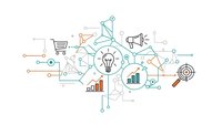 Business strategy concept with interconnected icons including lightbulb, charts, megaphone, target and gears on white background for presentations.