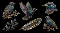 Starling birds isolated on transparent background, ready for t-shirt design, clipart, stickers, sublimation and print-on-demand products. Multiple poses and angles included.
