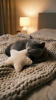 Gray British Shorthair cat sleeping peacefully with plush star toy on cozy knitted blanket in warm bedroom interior for relaxation and comfort concepts.