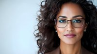 Young mixed race woman with curly dark hair wearing stylish glasses and natural makeup smiles warmly against light background, expressing confidence and approachability.