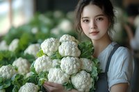 Young Asian woman in gray apron holding fresh cauliflower heads with green leaves at farmers market or grocery store, surrounded by produce display.