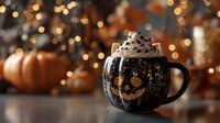 Hot chocolate in pumpkin-shaped mug with whipped cream and sprinkles against blurred autumn decor with bokeh lights and orange pumpkins.