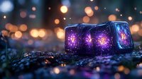 Glowing purple ice cubes with magical sparkles on dark background with bokeh lights, mystical atmosphere creates enchanting mood for fantasy designs and decorative art.