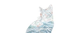 Artistic cat silhouette filled with Japanese wave patterns and floral elements on white background. Decorative feline design for creative projects.