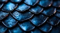 Macro shot of dark blue shimmering scales with water droplets creating mysterious reptilian texture pattern, dramatic lighting highlights natural iridescent surface.