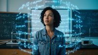 Young mixed-race woman scientist surrounded by holographic mathematical formulas and data projections in modern laboratory for technology research.