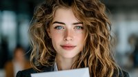 Young blonde woman with curly hair holding white cup in modern office space. Professional lifestyle portrait for business and workplace concepts.