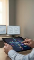 Business professional using tablet displaying colorful workflow automation diagram in modern office environment with computer monitors in background.