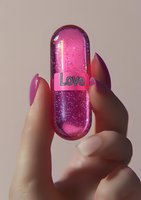 Pink glowing pill capsule with love text held between fingers with manicured nails against neutral background, sparkling liquid inside medicine capsule.
