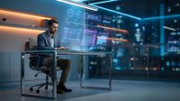 Man in business casual attire working at desk with holographic data displays and digital interface in modern tech office environment for corporate, technology, and business concepts.