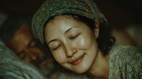 Peaceful Asian woman with closed eyes wearing traditional headwrap, serene expression showing inner calm and mindfulness in warm natural lighting.