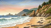 Scenic coastal landscape with dramatic cliffs, sandy beach and ocean waves at sunset. Peaceful seascape with rocky formations and evergreen trees.