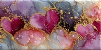 Abstract watercolor hearts in pink purple gold with flowing ink texture and golden sparkles for romantic Valentine design.