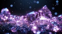 Purple crystal gems with magical sparkle effect on dark background, glowing bokeh lights and shimmering particles create mystical luxury atmosphere.