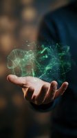 Businessman holding glowing green digital network connections and data particles floating above open palm representing future technology innovation.