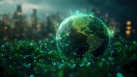 Glowing digital Earth globe with network connections floating over green grass at night, city lights bokeh in background, representing global technology and nature.