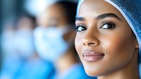 Young African American female medical professional wearing surgical cap and mask in hospital setting, confident expression with natural makeup and glowing skin.