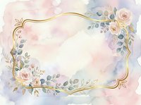 Watercolor floral frame with gold border, soft pink and blue flowers with eucalyptus leaves on isolated white background, ready for wedding invitations and greeting card designs.