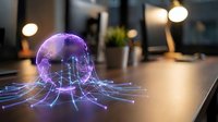 Futuristic holographic brain with glowing neural networks on modern office desk showcasing artificial intelligence and machine learning technology concepts.