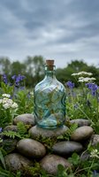 Vintage glass bottle with cork stopper surrounded by stones and wildflowers in natural garden setting with cloudy sky background for rustic decor.