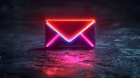 Glowing neon mail envelope icon on dark wet surface with red and pink light reflection, modern cyberpunk style communication symbol for digital marketing.