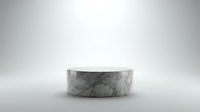 Minimalist marble cylinder podium on white background for product display and presentation purposes in modern studio setting.