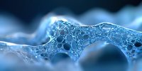 Microscopic view of soap bubble foam structure in blue tones showing delicate interconnected membranes and surface tension patterns. Suitable for scientific backgrounds.