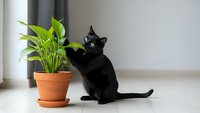Black cat sitting beside green houseplant in terracotta pot on floor near window. Indoor pet photography with natural lighting for home decor content.