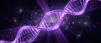 Glowing purple DNA helix with digital grid pattern against dark starry background, representing genetic science, biotechnology, and molecular research for medical and educational purposes.
