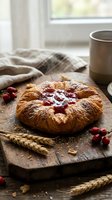 Flaky puff pastry filled with sweet cranberries on rustic wooden board near window with coffee cup and wheat stalks creating cozy breakfast scene.