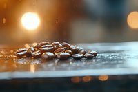 Fresh roasted coffee beans scattered on reflective surface with warm golden bokeh lights creating atmospheric mood for coffee shop or cafe marketing.