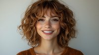 Young woman with curly auburn hair and warm smile wearing orange sweater against neutral background for lifestyle and portrait photography.