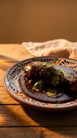 Traditional Mexican mole poblano chicken with sesame seeds and cilantro garnish served on decorative ceramic plate with tortillas on rustic wooden table.