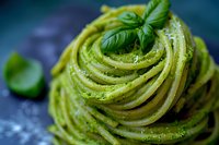 Fresh basil pesto pasta nest with herb garnish on rustic surface, homemade Italian cuisine ready for gourmet dining and culinary photography.