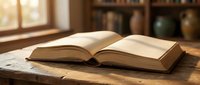 Open book on wooden table in cozy library setting with warm sunlight streaming through window creating peaceful reading atmosphere for education and learning.