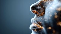 Close-up profile of lips and nose with glowing gold particles on dark skin, creating a magical, cosmic effect against a deep blue background.
