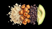Isolated nutritious food ingredients including quinoa, roasted sweet potato cubes, black beans, and fresh avocado slices on transparent background. Ready for t-shirt designs, clipart, stickers, and print-on-demand products.