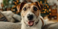 Happy Jack Russell terrier dog relaxing on couch with festive Christmas lights bokeh in background, creating warm holiday atmosphere.