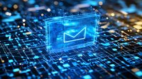 Glowing blue email envelope icon floating over digital circuit board with bokeh light effects, representing electronic communication and data transfer technology.