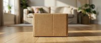 Closed cardboard shipping box on wooden floor in bright living room with sofa and plants, ready for delivery or storage.