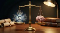 Golden scales of justice balancing AI chip and human brain on wooden desk with law books and lamp in dark courtroom setting for legal technology concepts.