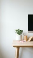 Minimalist home office workspace with succulent plant in white pot on wooden desk, computer monitor and stationery for modern interior design.