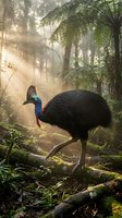 Cassowary bird walking through misty tropical rainforest with dramatic sunbeams filtering through dense fern canopy creating atmospheric jungle scene.