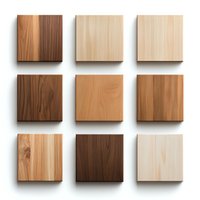 Collection of wood samples showing different natural grain patterns and colors on white background, arranged in square grid layout for interior design materials.