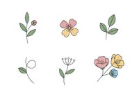 Botanical line art illustrations featuring minimalist hand-drawn plants, leaves, and flowers in soft pastel colors on transparent background, ready for design projects.