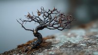 Miniature bonsai tree with twisted branches growing from rocky surface in natural outdoor setting with soft blurred background for zen meditation concepts.