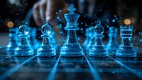 Glass chess pieces glowing in neon blue light on reflective board with magical particle effects and bokeh background, creating futuristic gaming atmosphere.