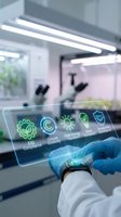 Scientist in laboratory using holographic interface displaying sustainability icons including compliance, circular economy, and green innovation concepts.