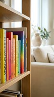 Colorful books arranged on wooden bookshelf in modern living room with beige sofa and plant creating cozy reading atmosphere for home library design.