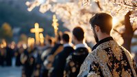 Orthodox priests in traditional vestments during Easter service under blooming cherry trees at sunset, creating spiritual atmosphere with golden cross glowing in background.